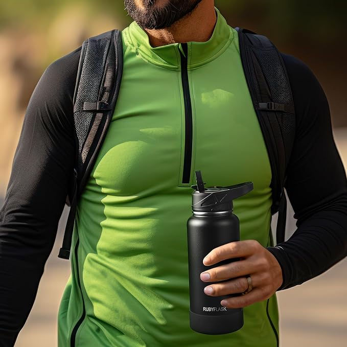 32oz Insulated Water Bottle with Straw, Stainless Steel Metal Vacuum Water Flask, Large Thermal Water bottle with Leakproof 3 Lids for Travel, Camping, Gym Sports Black