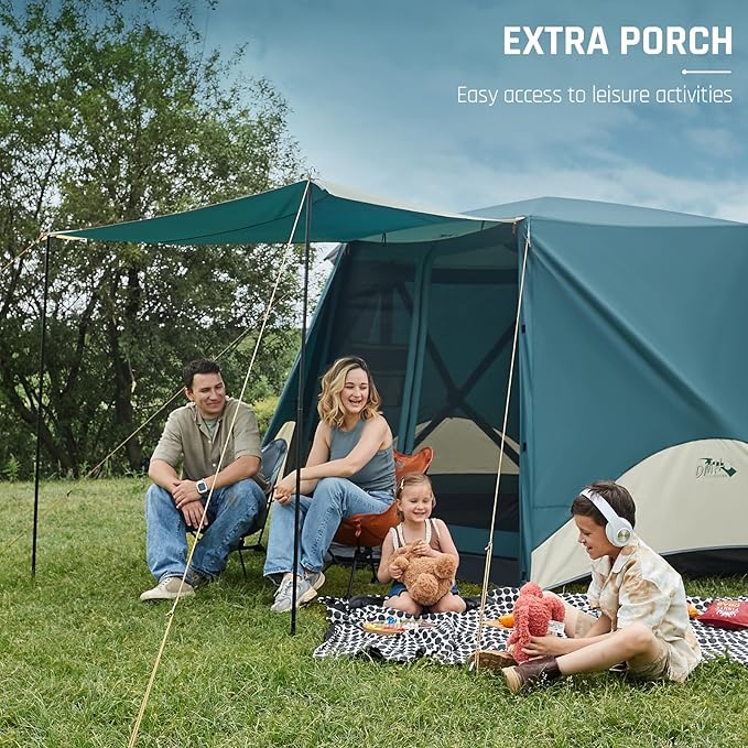 Instant Tents for Camping Pop Up Screen Tent with Floor, 6 Person Large Family Camping Tent with Rainfly and Porch, Easy 60S Setup Hub Tent for Outdoor Picnic Backyard, 11.5'L x 10'W x 6.83'H