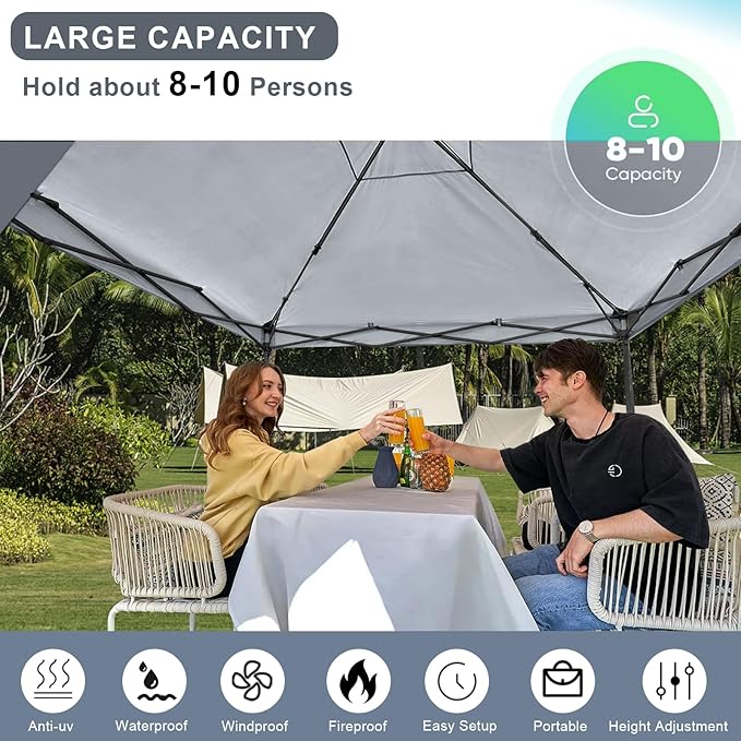 KAMPKEEPER 10x10 Pop Up Canopy Tent with 2 Sidewalls, Beach Tent - Easy Outdoor Sun Shade for Events, Parties, Camping - Gazebo with 4 Weight Bags & Carry Bag.(Grey)