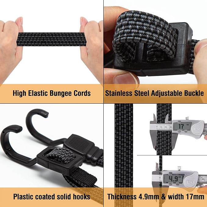 Bungee Cords, Flat Adjustable Bungee Cords with Hooks Heavy Duty 48 Inch, Elastic Rubber Black Bungee Straps with Buckle Hooks for Outdoor, Camping, Tarps, Bike Rack, Tent, Truck, 6 Pack