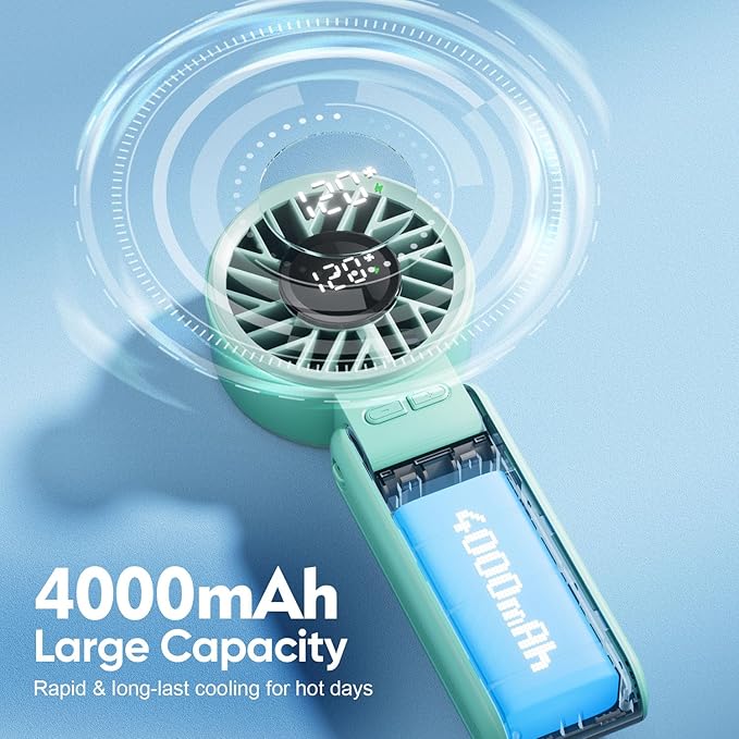 Portable Handheld Fan, 4000mAh Rechargeable, 6 Speed Settings, LCD Display, 3-in-1 Foldable Mini Desk Fan with Lanyard (Green)