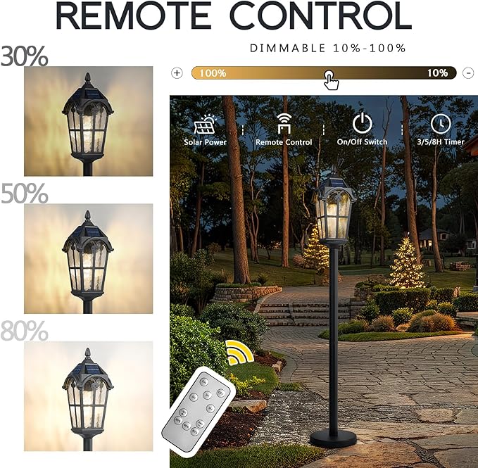 Emliviar Solar Pathway Light with Water Grain Glass Shade, 46 Inch Classic Post Lamp with Round Base in Black Finish, Portable Floor Lamp for Outdoor Travel, LED Bulb Included, YXE302PL-ML SL BK