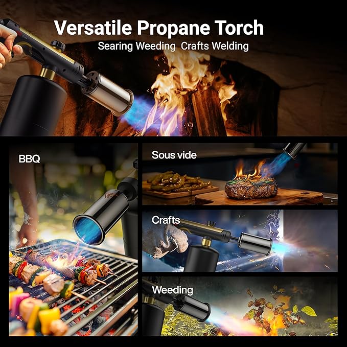 Propane Torch with One-Touch Max Fire, Cooking Blow Torch Gun with a Safety Lock, Charcoal Lighter, Flame Thrower, Kitchen Food Torch Head for Grill, Sous Vide, BBQ, Gold