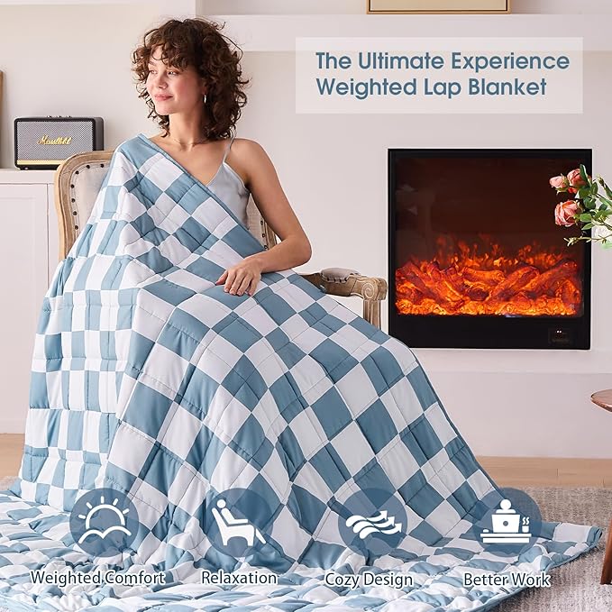 Blue Checkered Weighted Blanket for Adults 12lbs, 60"x80" Queen Size, Cooling Heavy Blanket for 110-130lbs with Premium Glass Beads, Soft Thick Big Blankets for All-Season Sleeping Comfort Breathable