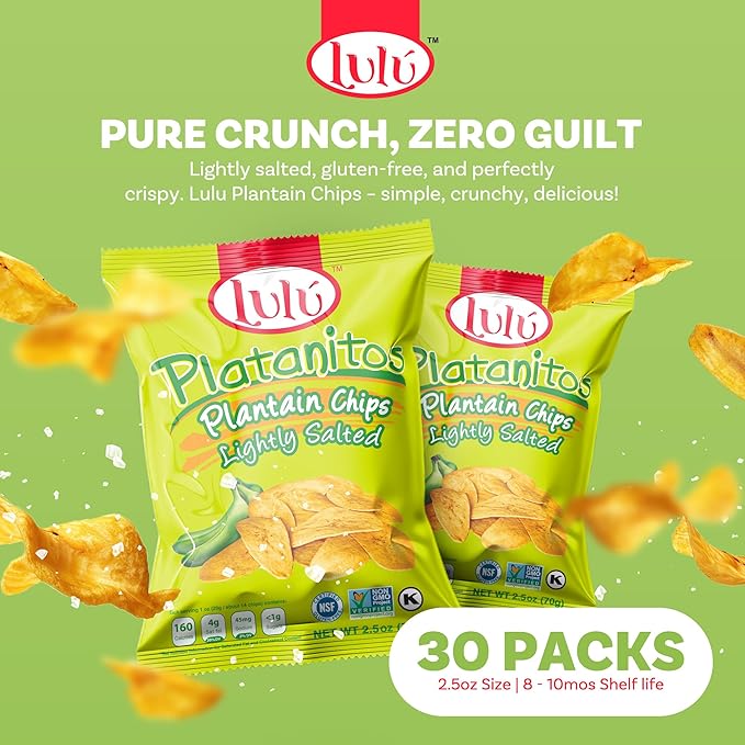 LULU Plantain Chips - Lightly Salted, 30 Individual Bags (2.5 Oz Each) - Crunchy, Delicious, Kosher, Gluten-Free Healthy Snacks - No Preservatives or Artificial Colors, Sustainably Sourced Plantains