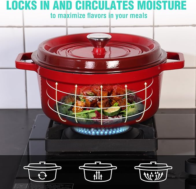 HAUSHOF 5.3QT Enameled Cast Iron Dutch Oven with Lid, Non-Stick Pot for Sourdough Bread Baking, Stewing, Rosting, Island Spice Red