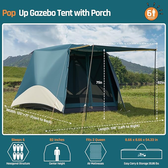 Instant Tents for Camping Pop Up Screen Tent with Floor, 6 Person Large Family Camping Tent with Rainfly and Porch, Easy 60S Setup Hub Tent for Outdoor Picnic Backyard, 11.5'L x 10'W x 6.83'H