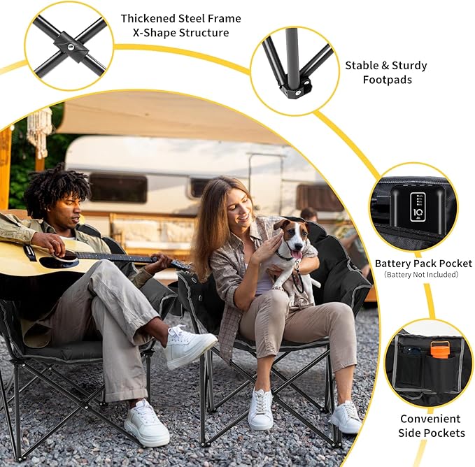NAIZEA Heated Camping Chair, Oversized Heated Folding Outdoor Chair for Adults with 3 Heat Levels, Portable Foldable Patio Lounge Chair for Sports Outdoors Camp, Battery NOT Included
