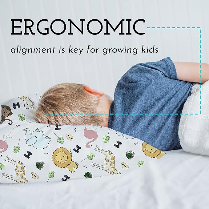 Little Sleepy Head Toddler Pillow with Pillowcase 13x18 - Kids Pillow for Sleeping - Toddler Pillow - Better Neck Support Ergonomic Pillow and Toddler Pillowcase - Best Pillows for Kids (Safari)
