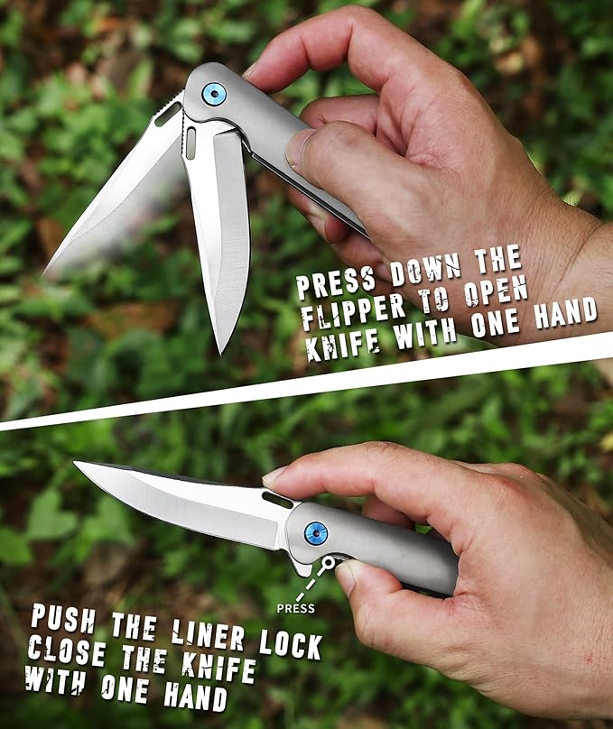 The pocket camping knife,Titanium Alloy Handle 3.2”blade Folding Pocket Knife with clip
