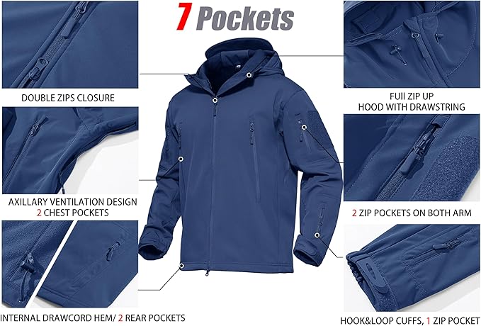 MAGCOMSEN Men's Tactical Jacket 7 Pockets Performance Fleece Lined Water Resistant Ski Snow Soft Shell Winter Coats