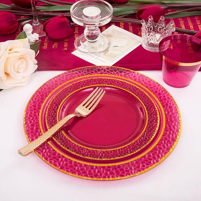 Ciaell 150PCS Clear Red Plastic Plates - Disposable Red and Gold Plates Set include 50Plates, 25Forks, 25Knives, 25Spoons, 25Cups for Wedding & Party & Christmas