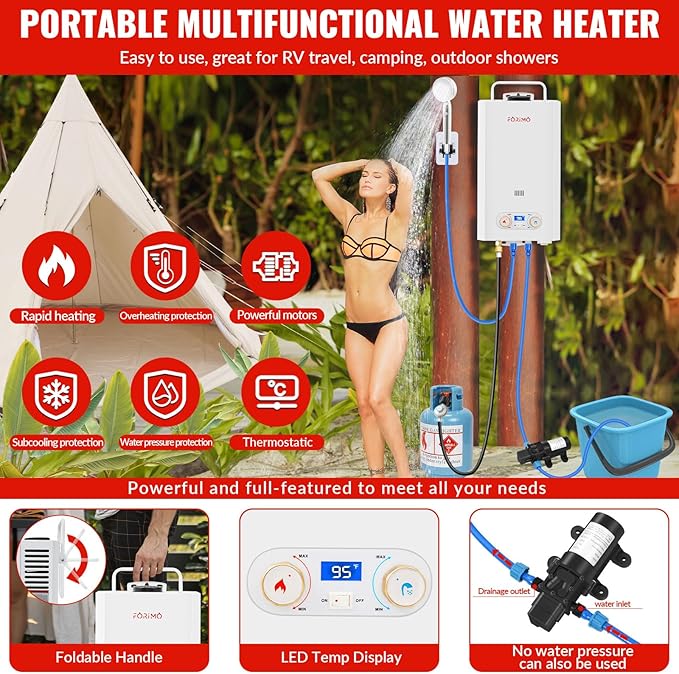Tankless Water Heater Propane,3.18GPM 12L Outdoor Portable water heater,with 2 GPM Water Pump, with Digital Display Multi-Protection for Camping Trips
