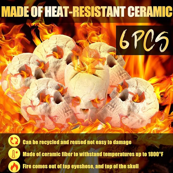 6 Pack Fire Pit Skulls 8.7 Inch Halloween Imitated Human Ceramic Firepit Head Fireproof Skulls Bonfire Accessories Fake Logs Halloween Decor for Gas Campfire Fireplace Wood Fires (White)
