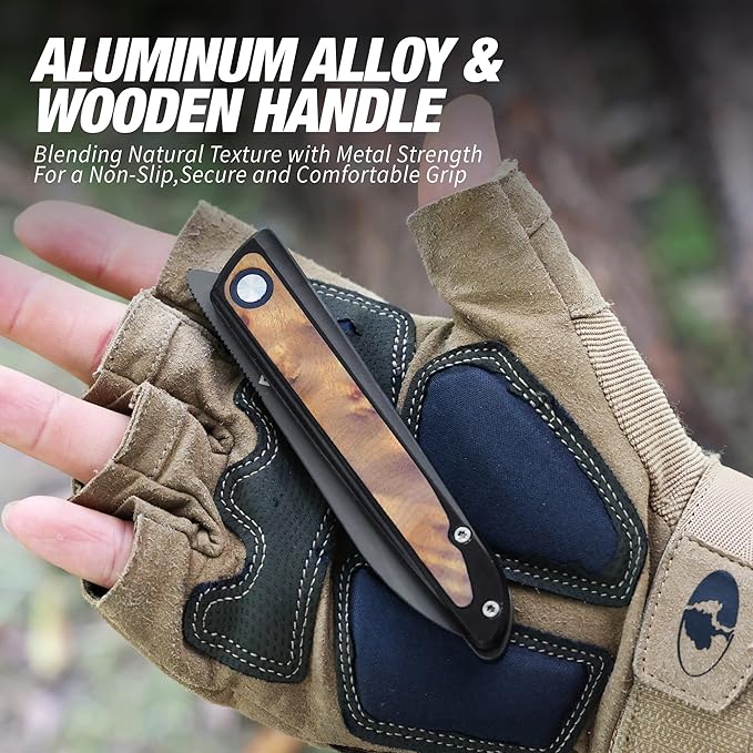 FLISSA Pocket Knife, Folding Knife with D2 Steel Blade, Liner Lock, Aluminum Alloy & Wooden Handle, Ball Bearing and Pocket Clip for EDC, Camping, Hiking, Outdoor Activities