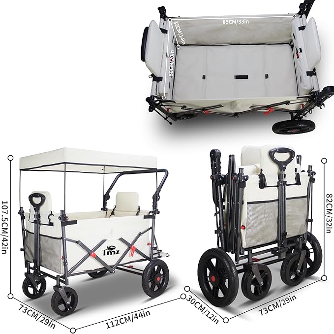 TMZ Collapsible Foldable Wagon Cart with Quick-Release Wheels and 2 Seats, Heavy Duty Wagon 265LBS Load Capacity for Camping Garden Shopping (Beige)