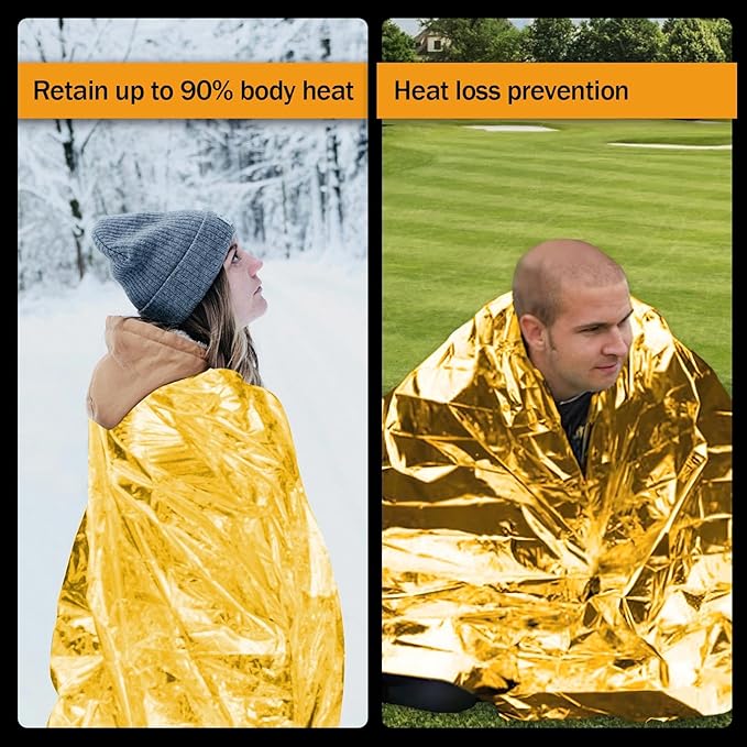 12-Pack Emergency Mylar Thermal Blankets, 82"x62" Space Blankets Foil Blanket, XL Camping Blanket for Outdoors, Hiking, Survival kit, Bug Out Bag,Marathons or First Aid, Golden