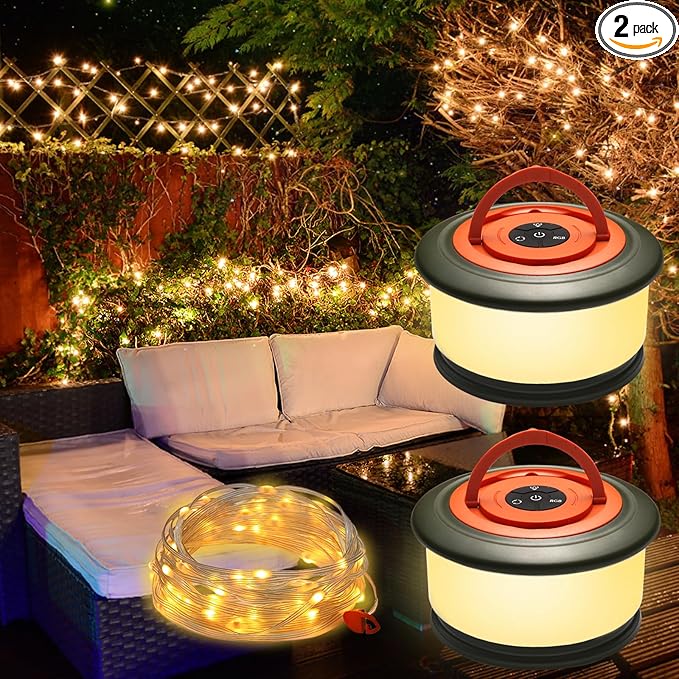 2 Pack Camping Lights String - 2 in 1 Upgraded 32.8ft Rechargeable 19 Lighting Modes Tent Lights for Camping, Quick Storage&Portable LED Lamp for Outdoor Patio Awning Garden Party Decor Essentials