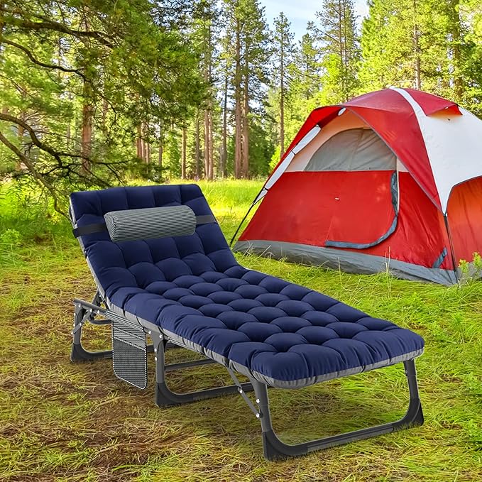 Camping Cot, Adjustable 4-Position Adults Reclining folding Chaise with Pillow, Outdoor portable Lounge Chair Sleeping Cots Bed, Perfect for Camping, Pool, Beach, Patio, Navy Blue