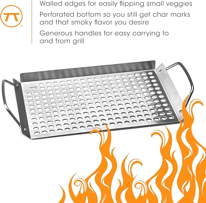 Outset 76631 Stainless Steel Grill Topper Grid, 11"x7" BBQ Pan With Handles