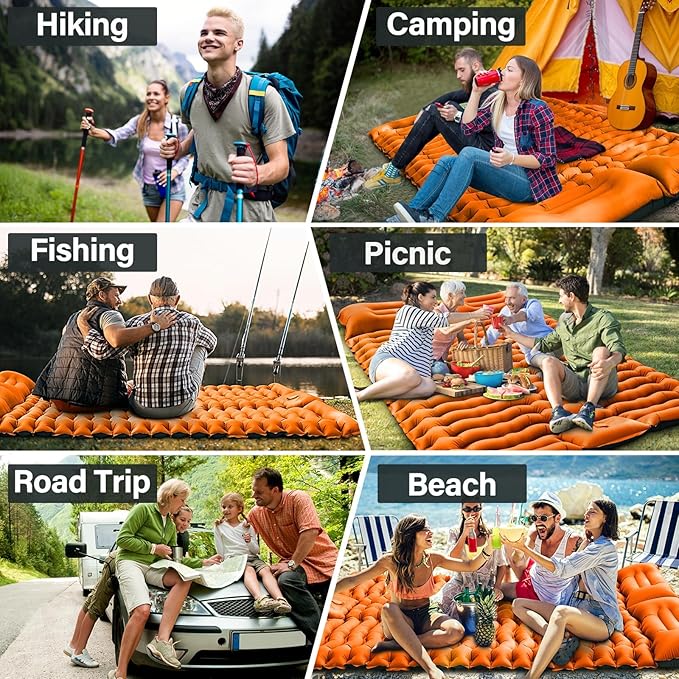 Double Size Camping Sleeping Pad - 4 Inch Self Inflating Air Mattress for Couples, Built-in Foot Pump & Pillow, Extra Thick Waterproof Sleeping Mat for Tent, Outdoor Travel—Orange