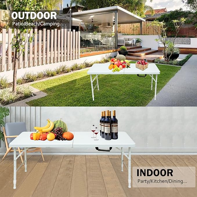 Portable Plastic Folding Table 4ft/6ft/8ft Heavy Duty White Black Picnic Dining Table Fold-in-Half for Camp Party Kitchen Indoor Outdoor (White, 4FT)