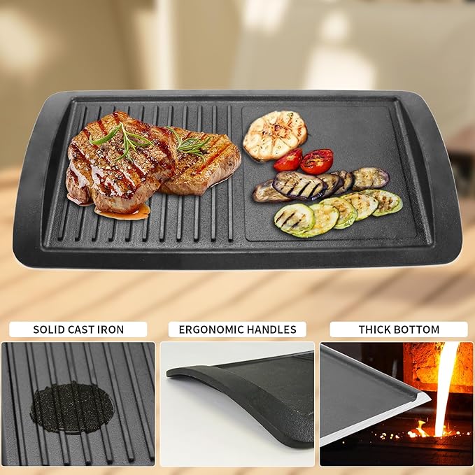 Cast Iron Griddle for Gas Grill, Griddle Pan for Stove Top, Grill Pan for Indoor Cooking, Grill Pans for Outdoor Grill (Black)