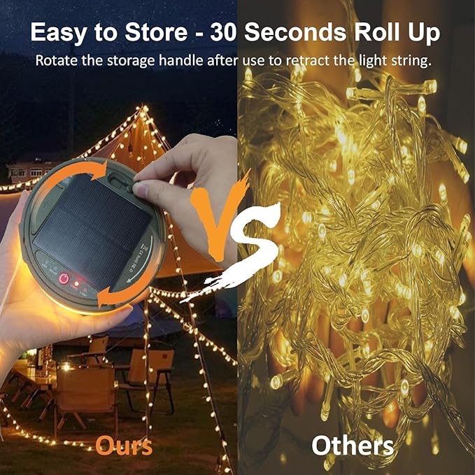 2-Pack Solar Camping String Lights, 39.4FT Portable Waterproof Camping Light with 8 Lighting Modes, Solar Powered and USB Rechargeable Tent Lantern with Remote Control for Camping, Garden and Hiking