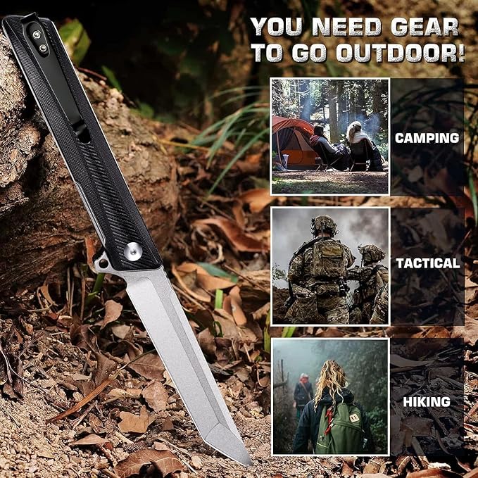 Pocket Knife GD22K, Flipper Open D2 Steel Tanto Folding knife with Durable G10 Handle,Men Women Everyday Carry EDC Knife,Sharp Camping Hiking Daily Work Knives