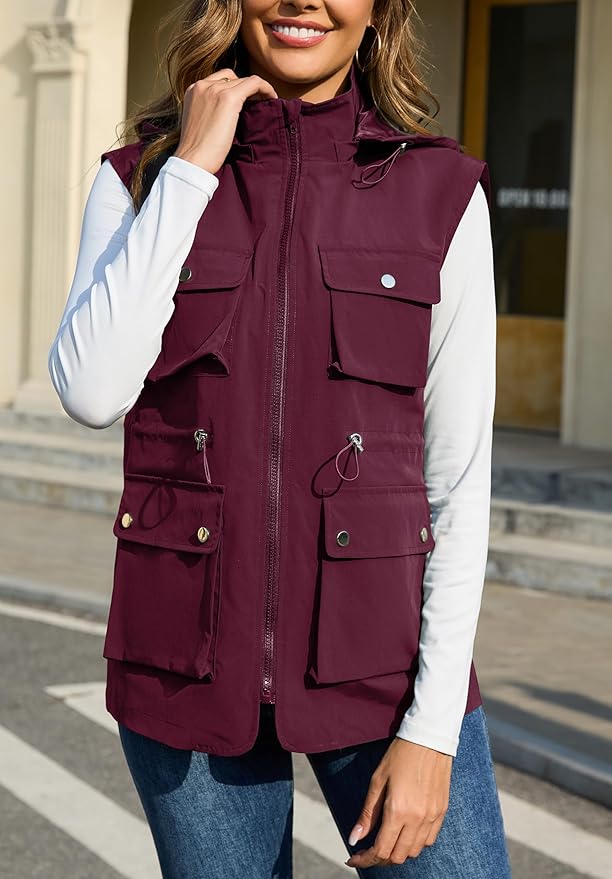 PESION Womens Packable Military Utility Vests Outerwear Waterproof Windbreaker Jacket Cargo Vest with Removable Hood