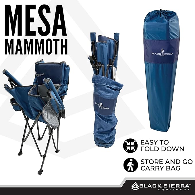 Black Sierra Oversize Camping Chair for Adults Supports 500 lbs, XL Heavy Duty Hard Arm Folding Chair, Steel Frame Durable Padded Outdoor Seat, Portable Fold Up Chair w/Cup Holder and Storage Bag