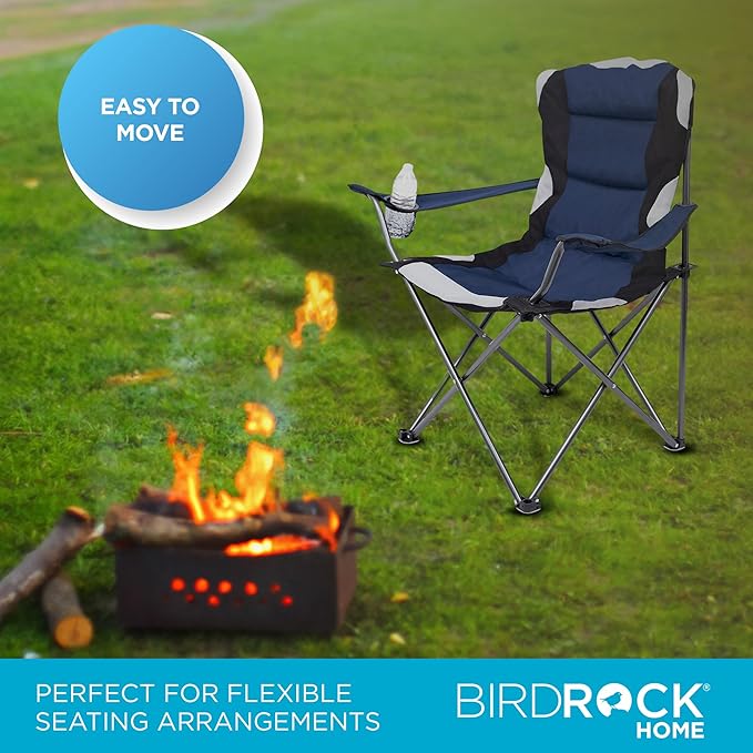 Internet's Best 2 Pack Padded Camping Folding Chair | Outdoor | Navy Blue | Sports | Cup Holder | Comfortable | Carry Bag | Beach | Quad