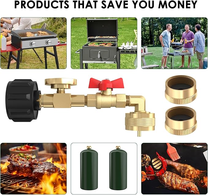 2025 upgrade Easy to install Swivel Propane Refill Elbow Adapter 1lb to 20lb QCC1 Propane Refill Elbow Adapter with Gauge and ON-Off Control Valve for Camping Grill 1LB Propane Tank to Be Refilled Gas