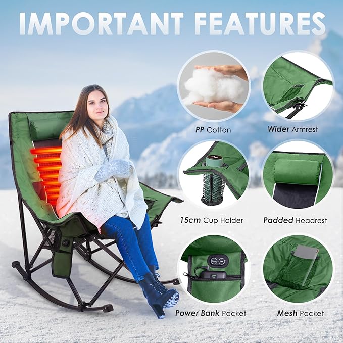Suteck Heated Rocking Camping Chair, XL Oversized Rocking Chair Outdoor with 3 Heat Levels for Back and Seat, Heated Chairs Outdoor Sports W/20,000mAh Power Bank for Patio Lawn Picnic Travel