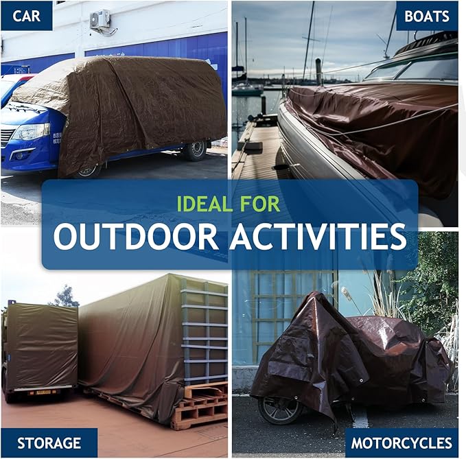 10 Mil Heavy Duty Waterproof Tarps, 10x12 Ft Finished Size Tarps, Premium Tarp with Metal Grommets & Reinforced Edge, Multipurpose Thick Poly Tarp for Car, Boat, Roof, Camping - Brown