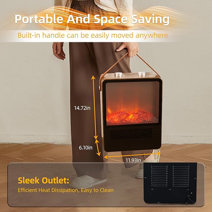 RealSmart Small Electric Fireplace 1500W Space Portable Heater for Indoor Use 4 Adjustable Modes Ceramic Mini Fireplace 3D Realistic Flame Overheating Safety Protection