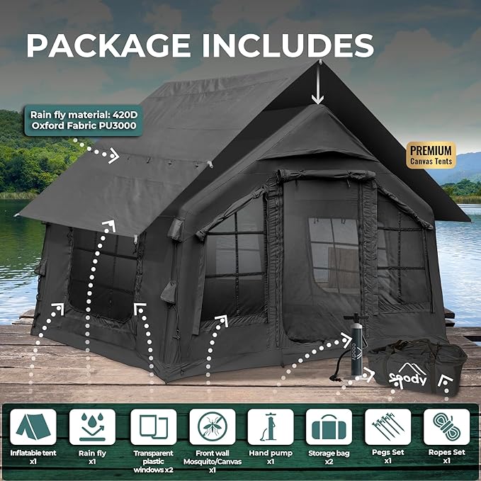 Coody | Rbm Outdoors Koala/Hub/Octopus Inflatable Tents for Camping with Stove Jack, 2/8/10 Person Luxury Canvas Blow Up Tent, 2 Room, Easy Setup Casa de Campaña, Large Inflatable House with Pump