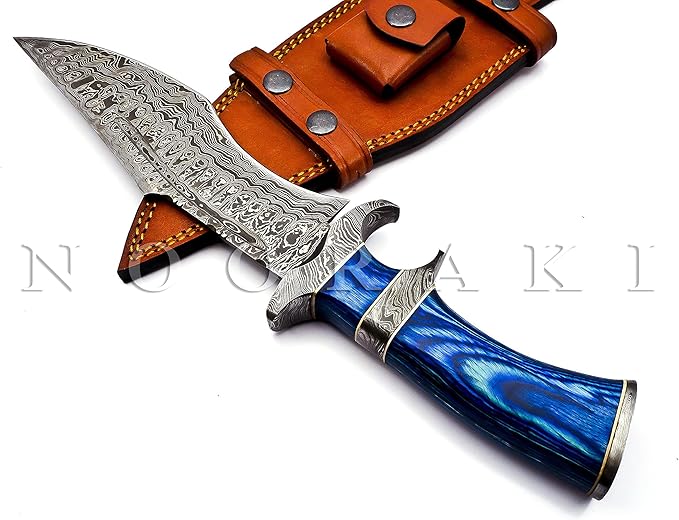 NOORAKI - 15″ Damascus Bowie Knife with Sheath | Hand Made Hunting Knife - Fixed Blade Long Bowie Knives - Ideal for Survival ,Chopping, Camping, Outdoor Gift for Men |Tactical Knife Wood Handle (Blue)