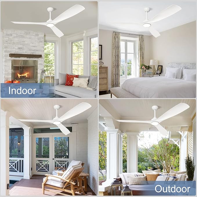 3 Blades Ceiling Fans with Light: White Ceiling Fans with Reversible DC Motor 5 Speed - 60 Ceiling Fan with Remote for Indoor Outdoor Covered Patios