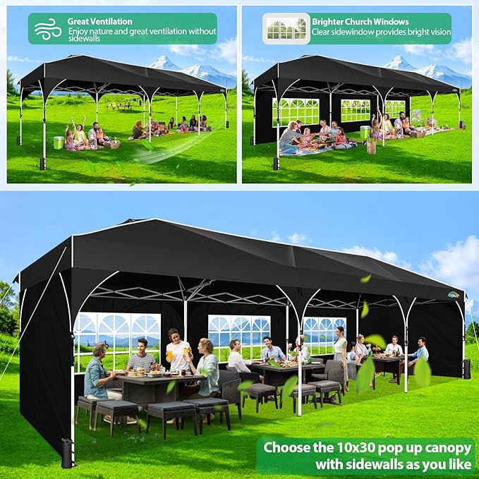 COBIZI 10X30 Party Tent 10x30 Pop Up Canopy Tent for Parties with Wheeled Bag|Push Center Lock & 5 Sidewalls|Waterproof & UPF50+|Gazebo Outdoor Canopy for Wedding,BBQ with 8 Stakes & 16 Ropes,Black