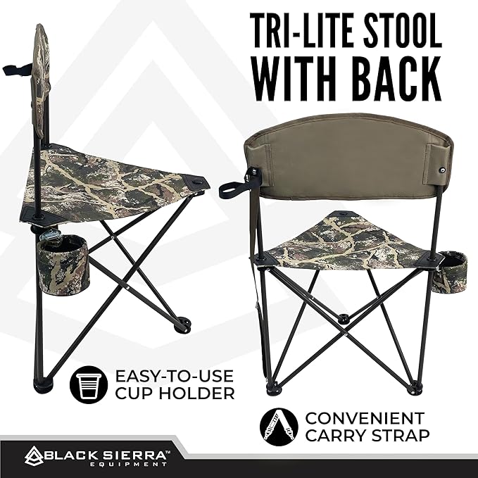 Black Sierra XL Tripod Hunting Stool w/Backrest, Lightweight Portable Fishing Chair w/Cupholder and Carry Strap, Supports 225 Lbs, Portable Outdoor Chair for Hunting, Camping, Travel, Hiking