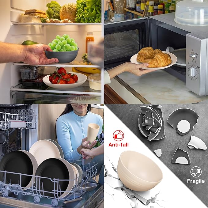 Wheat Straw Dinnerware Sets, 32Pcs Plastic Plates and Bowls Sets for 8, Unbreakable Reusable Wheat Straw Bowls Plates Cups Dishes Set, Dishwasher Microwave Safe, for RV Kitchen Camping