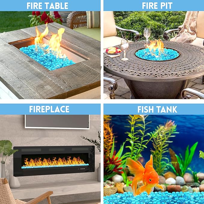 Fire Glass, Caribbean Blue Fire Rocks for Propane Firepit, Fireplace and Outdoor Decorative. 3/4 High Luster Round Glass Rocks, 10LB
