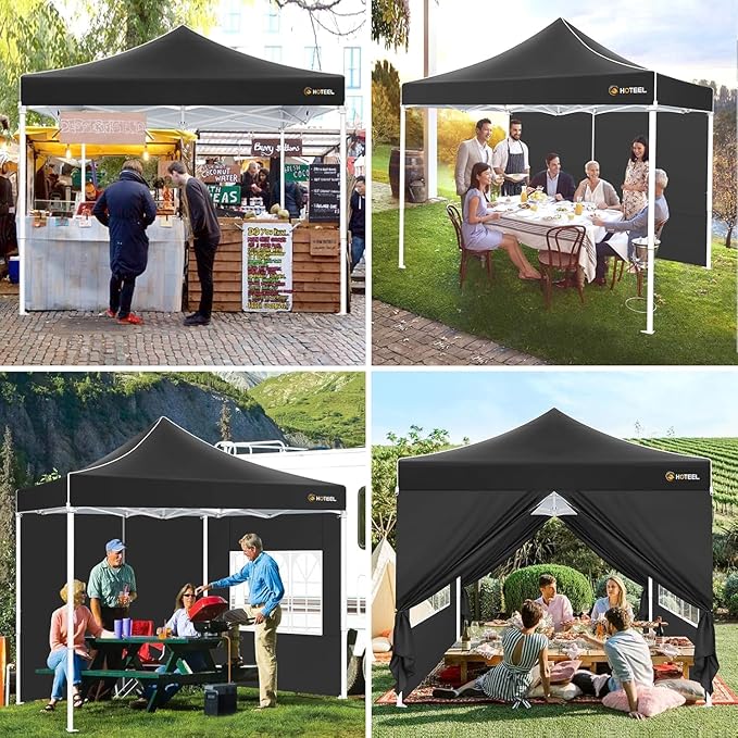 HOTEEL Canopy Tent 10x10 Heavy Duty Pop Up Canopy with Sidewalls, Commercial Instant Waterproof Tent for Vender Patio, UV 50+ with Silver Coated, Upgraded Thickened Hexagonal Legs, Black