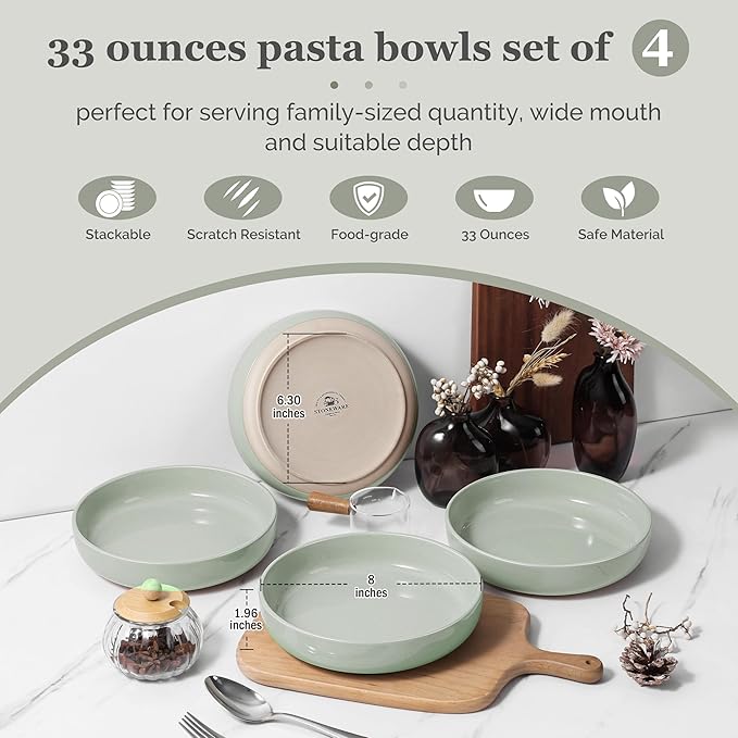 HaWare Pasta Bowls Set of 4, 33oz Large Salad Bowls for Home Kitchen, Ceramic Serving Plates for Soup, Cereal, Wide and Shallow Dinner Bowl, Microwave & Dishwasher Safe, Asparagus Green