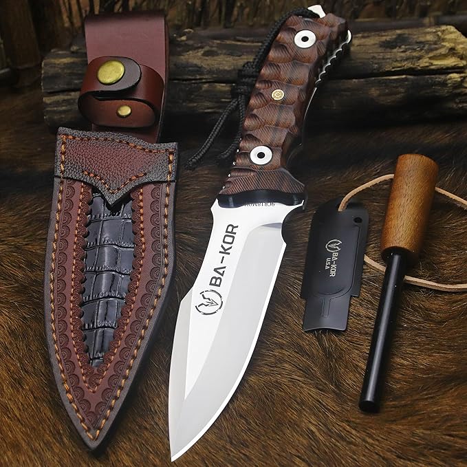 BA-KOR Yellow pear wood handle 6mm 9CR18MOV steel (10.6IN) full Tang forged fixed knife + sheath & (5.9IN) iron ceric igniter, suitable for outdoor camping, tactical survival, EDC, hunting knife (6mm - King Crocodile)