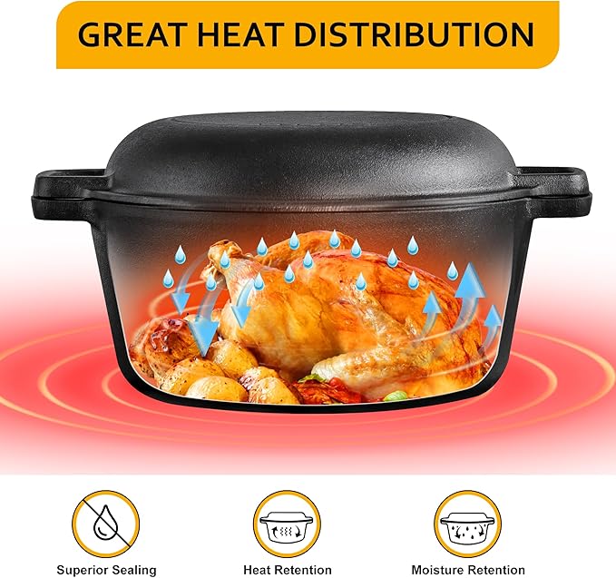 Velaze Cast Iron Dutch Oven Pot with Skillet Lid, 2-in-1 Pre-Seasoned Dual Handle Cast Iron Pan for Bread Baking, Frying, and Camping - Black 5QT