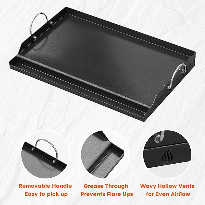 onlyfire Universal BBQ Griddle for Charcoal/Gas Grills, Ceramic Coated Non-Stick Flat Top Griddle with Handles for Outdoor Cooking, 25" x 16"