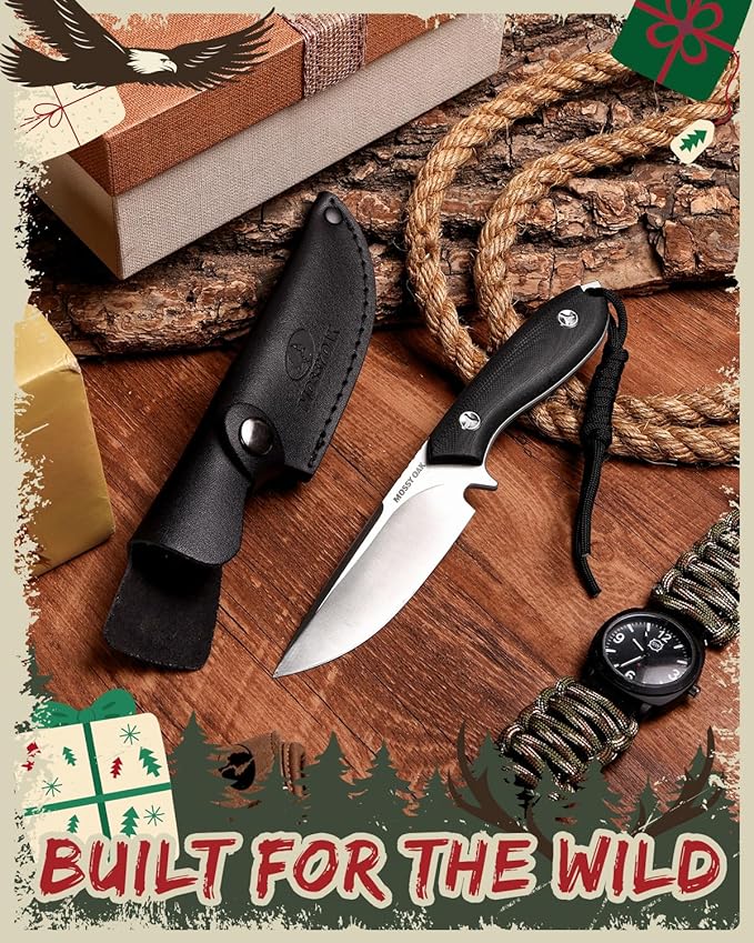 Mossy Oak 8.75 Inch Fixed Blade Knife with Leather Sheath, Full Tang Outdoor Camping Knife, G10 Handle for Bushcraft, Survival, Camping, Hiking