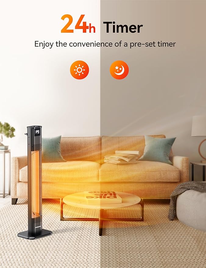 VAGKRI 42" 1500W Electric Outdoor Infrared Heater with Remote, 9 Heat Levels, 24H Timer, 1S Fast Heating, IPX5 Waterproof Tower Space Heater for Home, Office, Patio, Garage